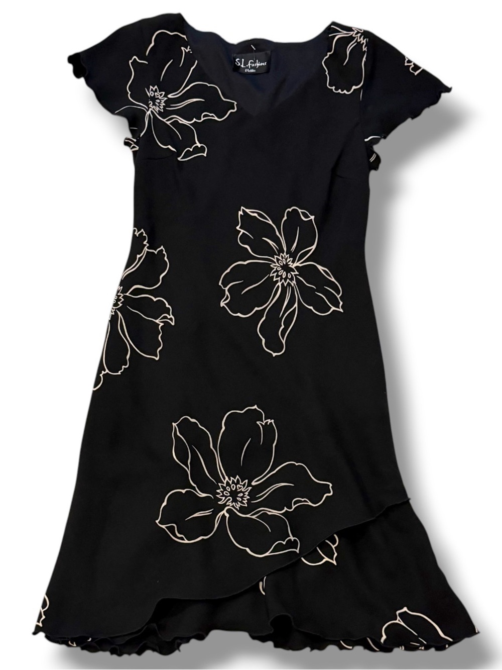 SL Fashions Black Floral Embroidered Midi‎ Dress V Neck Ruffle Hem Y2K Cocktail - Picture 4 of 6